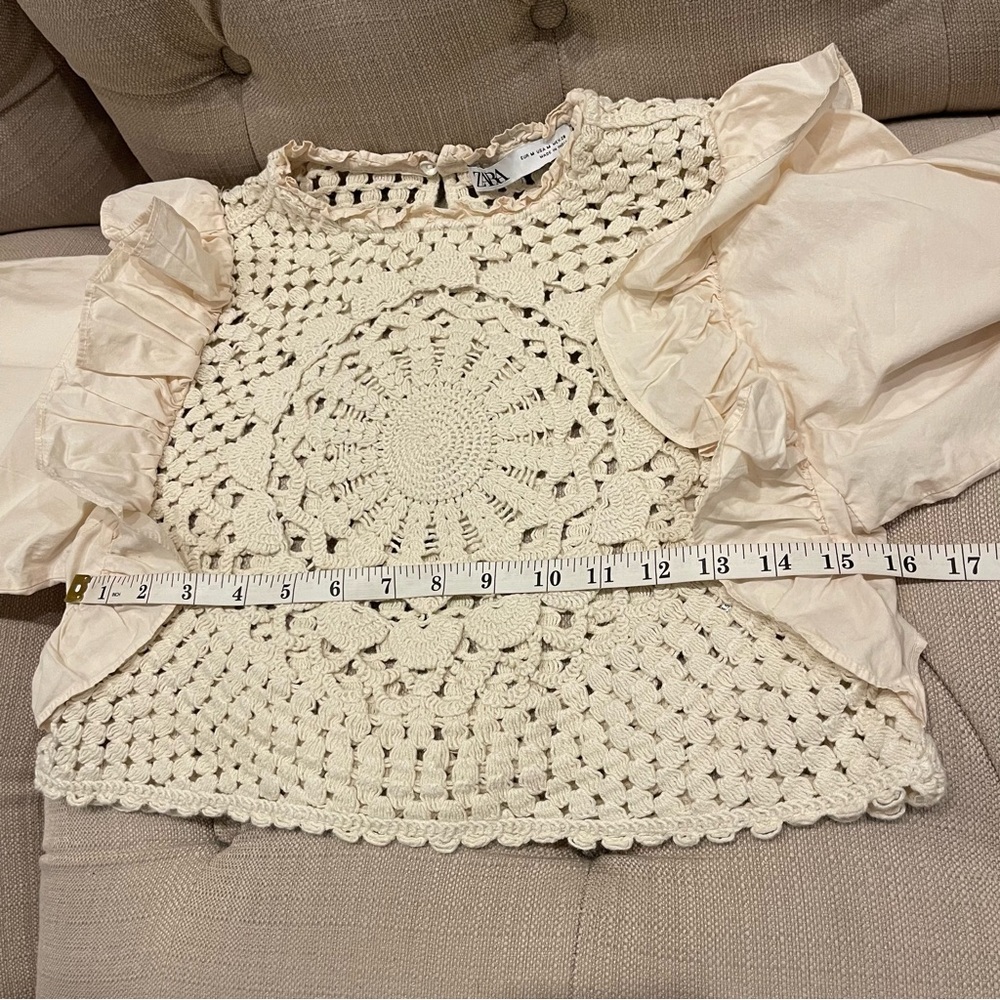 Zara Cream Crochet Front Ruffle Sleeve Blouse - Picture 7 of 9